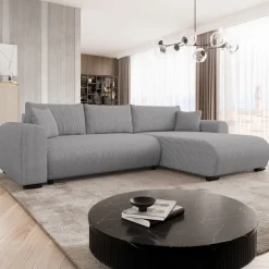 Divano letto angolare reversibile 4 posti 285x188cm con contenitore tessuto velluto a coste grigio Soft
