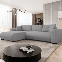 Divano letto angolare reversibile 4 posti 285x188cm con contenitore tessuto velluto a coste grigio Soft