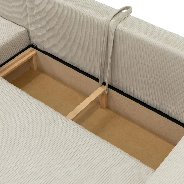 Divano letto angolare reversibile 4 posti 285x188cm con contenitore tessuto velluto a coste beige Soft