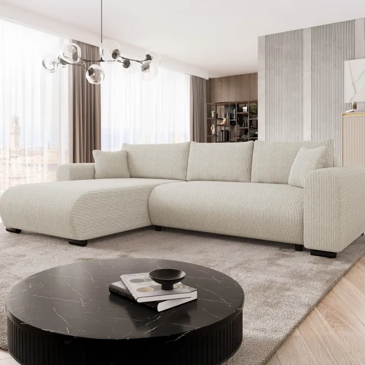 Divano letto angolare reversibile 4 posti 285x188cm con contenitore tessuto velluto a coste beige Soft