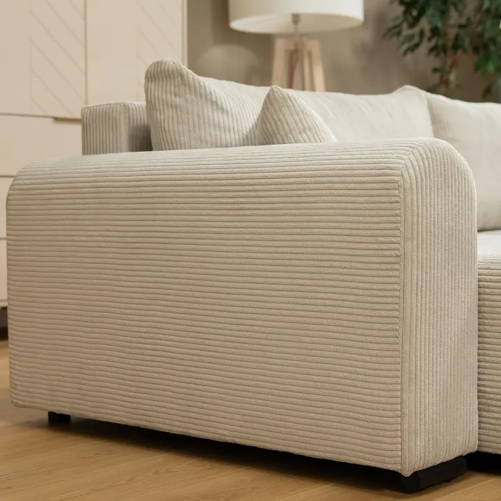 Divano letto angolare reversibile 4 posti 285x188cm con contenitore tessuto velluto a coste beige Soft