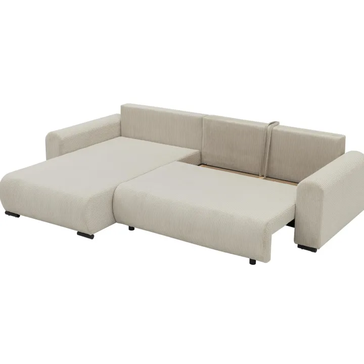 Divano letto angolare reversibile 4 posti 285x188cm con contenitore tessuto velluto a coste beige Soft
