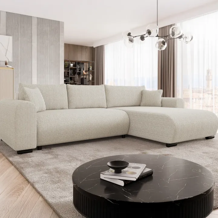 Divano letto angolare reversibile 4 posti 285x188cm con contenitore tessuto velluto a coste beige Soft