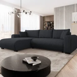 Divano letto angolare reversibile 4 posti 285x188cm con contenitore tessuto velluto a coste nero Soft