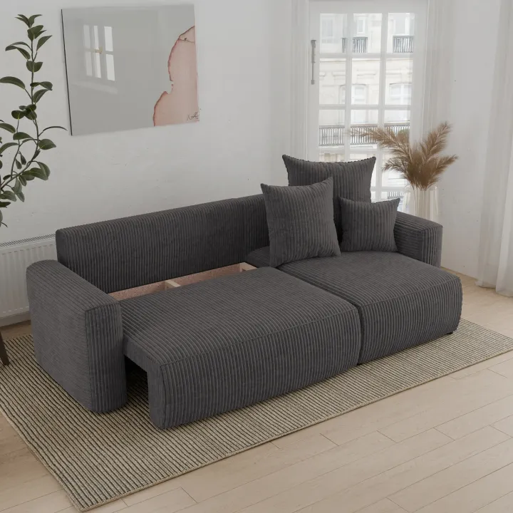 Divano letto angolare reversibile 238x142cm velluto a coste antracite Scintilla