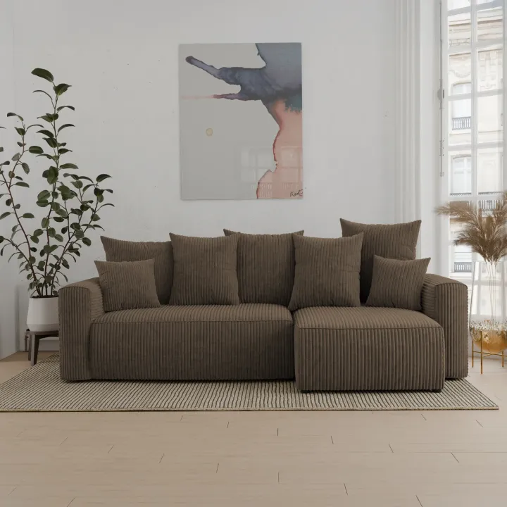 Divano letto angolare reversibile 238x142cm velluto a coste marrone Scintilla