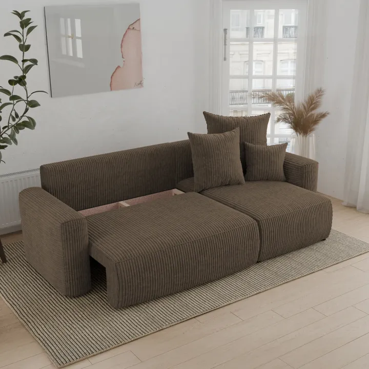 Divano letto angolare reversibile 238x142cm velluto a coste marrone Scintilla