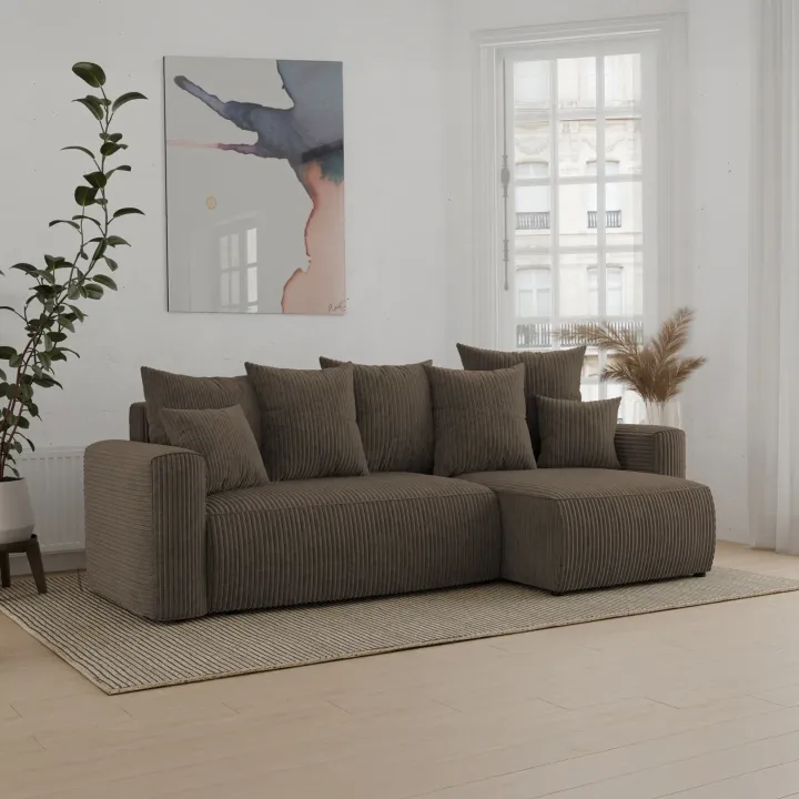 Divano letto angolare reversibile 238x142cm velluto a coste marrone Scintilla