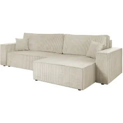 Divano letto angolare reversibile 4 posti 272x145cm con box contenitore velluto a coste beige Ploffy