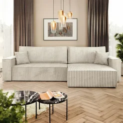 Divano letto angolare reversibile 4 posti 272x145cm con box contenitore velluto a coste beige Ploffy
