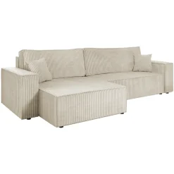 Divano letto angolare reversibile 4 posti 272x145cm con box contenitore velluto a coste beige Ploffy