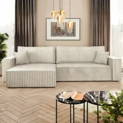 Divano letto angolare reversibile 4 posti 272x145cm con box contenitore velluto a coste beige Ploffy