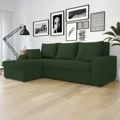 Divano letto angolare reversibile 3 posti 238x147cm con contenitore a coste verde Flow