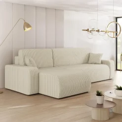 Divano letto angolare reversibile 3 posti 244x145cm con contenitore a coste beige Slurp