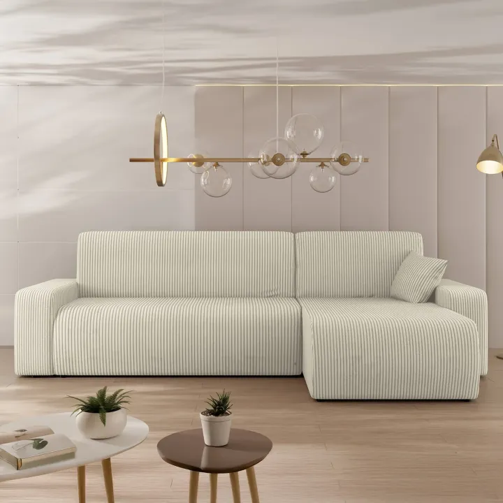Divano letto angolare reversibile 3 posti 244x145cm con contenitore a coste beige Slurp