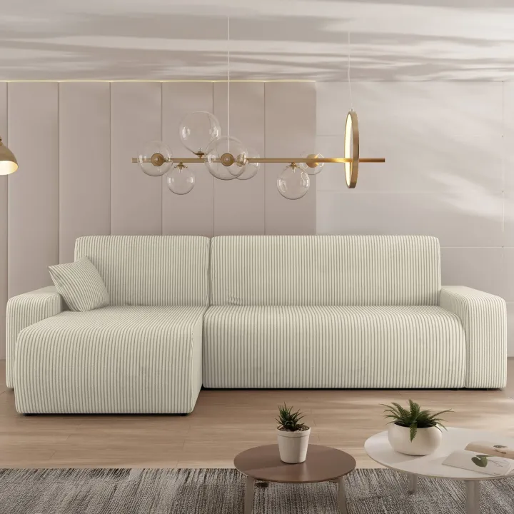 Divano letto angolare reversibile 3 posti 244x145cm con contenitore a coste beige Slurp