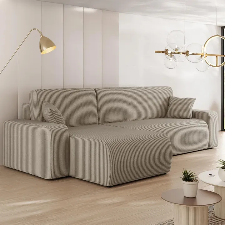Divano letto angolare reversibile 3 posti 244x145cm con contenitore a coste tortora Slurp