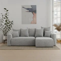 Divano letto angolare reversibile 238x142cm velluto a coste grigio chiaro Scintilla