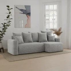 Divano letto angolare reversibile 238x142cm velluto a coste grigio chiaro Scintilla