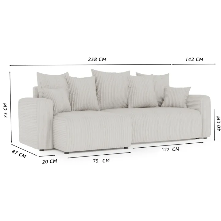 Divano letto angolare reversibile 238x142cm velluto a coste grigio chiaro Scintilla