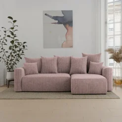 Divano letto angolare reversibile 238x142cm velluto a coste rosa antico Scintilla