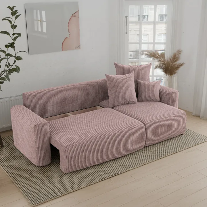 Divano letto angolare reversibile 238x142cm velluto a coste rosa antico Scintilla