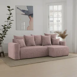 Divano letto angolare reversibile 238x142cm velluto a coste rosa antico Scintilla