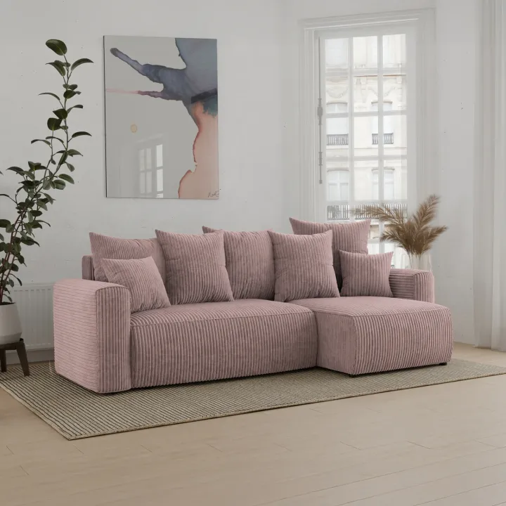Divano letto angolare reversibile 238x142cm velluto a coste rosa antico Scintilla
