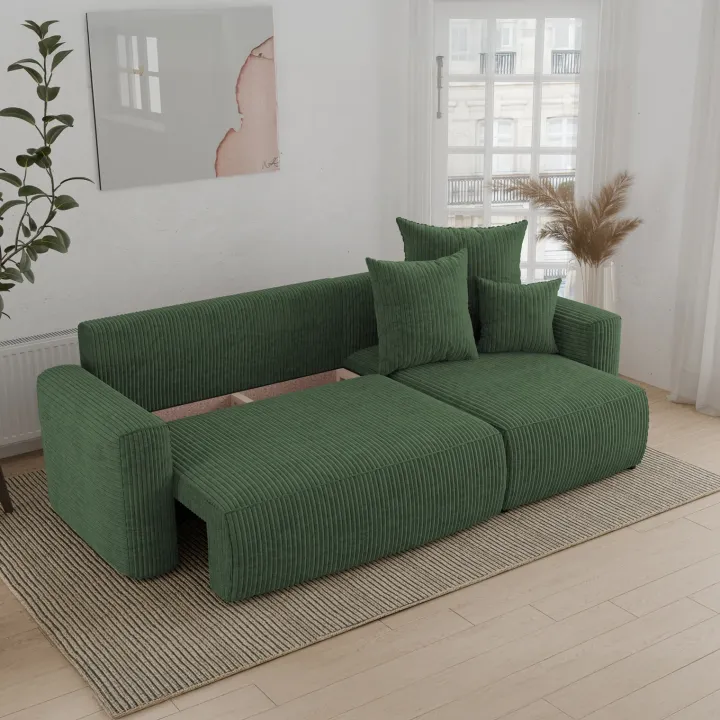 Divano letto angolare reversibile 238x142cm velluto a coste verde scuro Scintilla