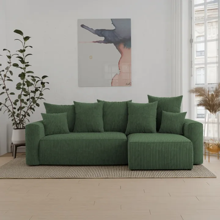 Divano letto angolare reversibile 238x142cm velluto a coste verde scuro Scintilla