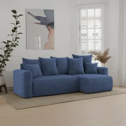 Divano letto angolare reversibile 238x142cm velluto a coste blu Scintilla