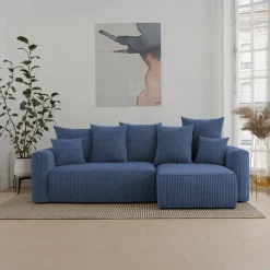 Divano letto angolare reversibile 238x142cm velluto a coste blu Scintilla