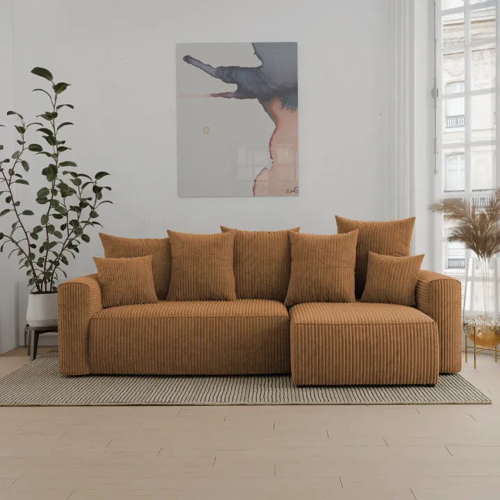 Divano letto angolare reversibile 238x142cm velluto a coste giallo senape Scintilla
