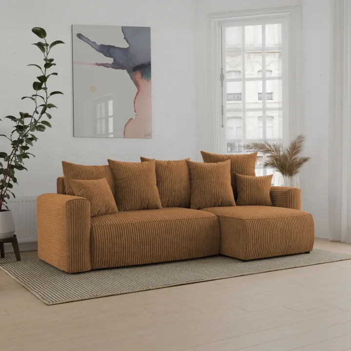 Divano letto angolare reversibile 238x142cm velluto a coste giallo senape Scintilla