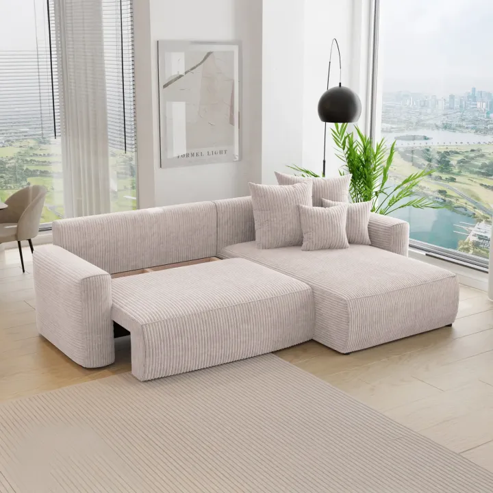 Divano letto angolare reversibile 260x160cm velluto a coste beige Scintilla