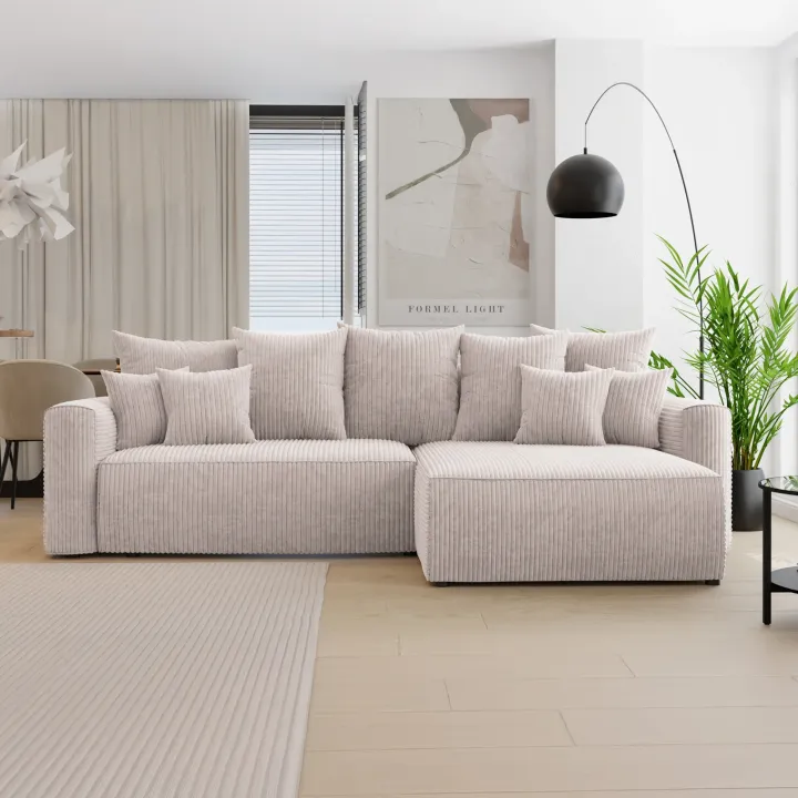 Divano letto angolare reversibile 260x160cm velluto a coste beige Scintilla