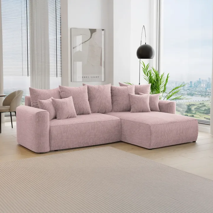 Divano letto angolare reversibile 260x160cm velluto a coste rosa antico Scintilla