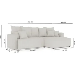 Divano letto angolare reversibile 260x160cm velluto a coste grigio chiaro Scintilla