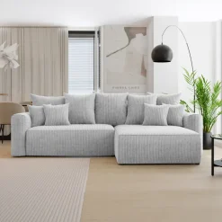 Divano letto angolare reversibile 260x160cm velluto a coste grigio chiaro Scintilla