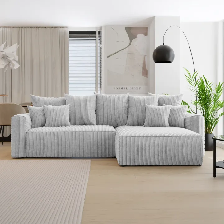 Divano letto angolare reversibile 260x160cm velluto a coste grigio chiaro Scintilla
