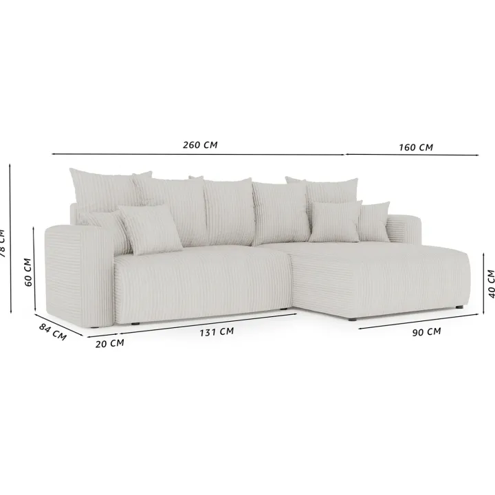 Divano letto angolare reversibile 260x160cm velluto a coste antracite Scintilla