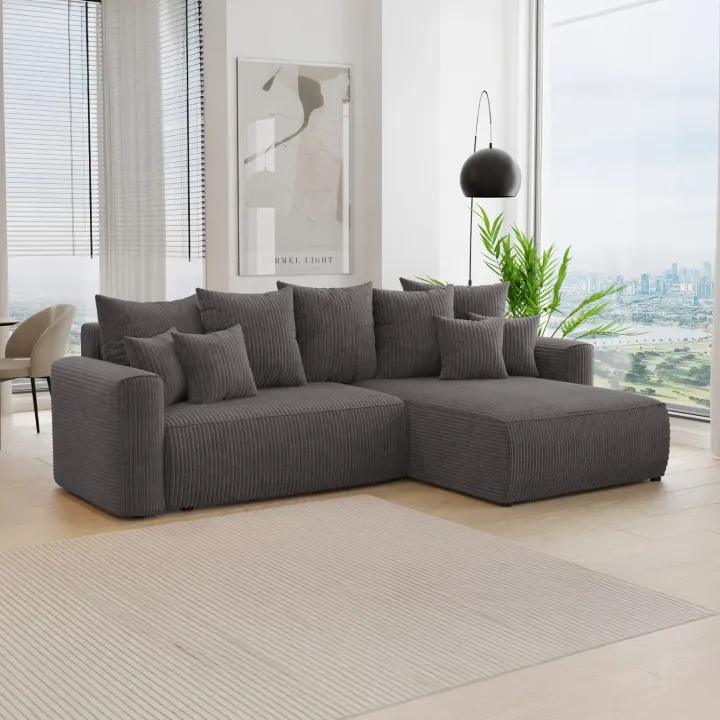 Divano letto angolare reversibile 260x160cm velluto a coste antracite Scintilla