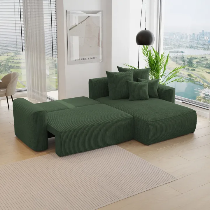 Divano letto angolare reversibile 260x160cm velluto a coste verde scuro Scintilla