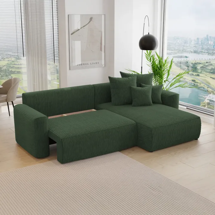 Divano letto angolare reversibile 260x160cm velluto a coste verde scuro Scintilla