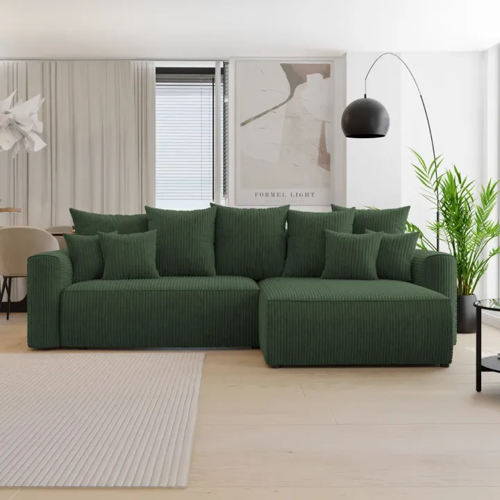 Divano letto angolare reversibile 260x160cm velluto a coste verde scuro Scintilla