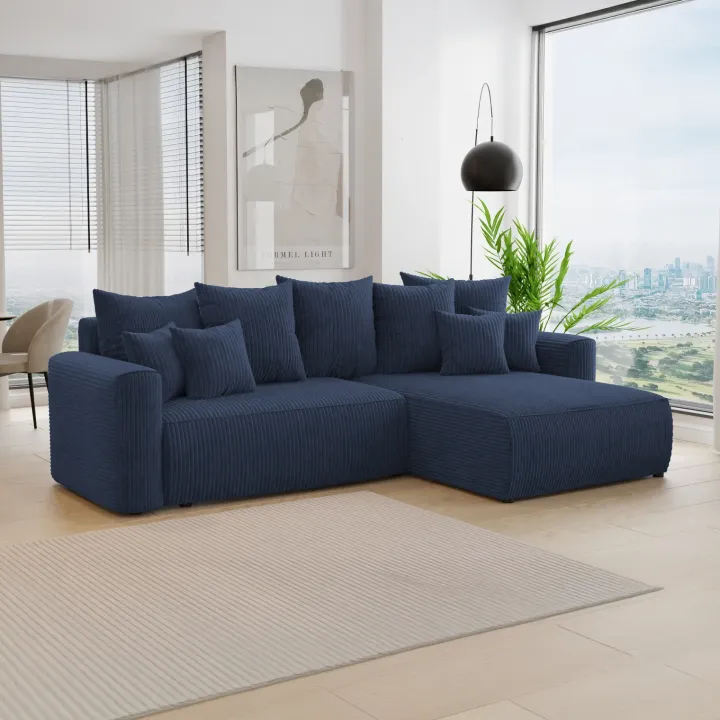 Divano letto angolare reversibile 260x160cm velluto a coste blu Scintilla