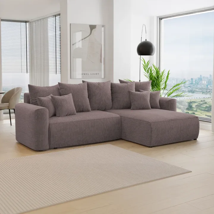 Divano letto angolare reversibile 260x160cm velluto a coste marrone Scintilla