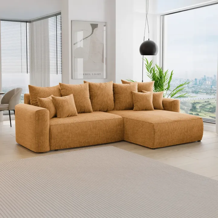 Divano letto angolare reversibile 260x160cm velluto a coste giallo senape Scintilla