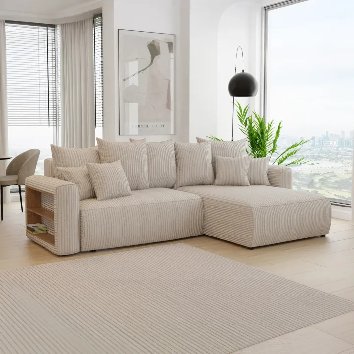 Divano letto angolare reversibile 260x160cm velluto a coste con libreria a sinistra beige Mistery