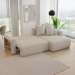 Divano letto angolare reversibile 260x160cm velluto a coste con libreria a sinistra beige Mistery